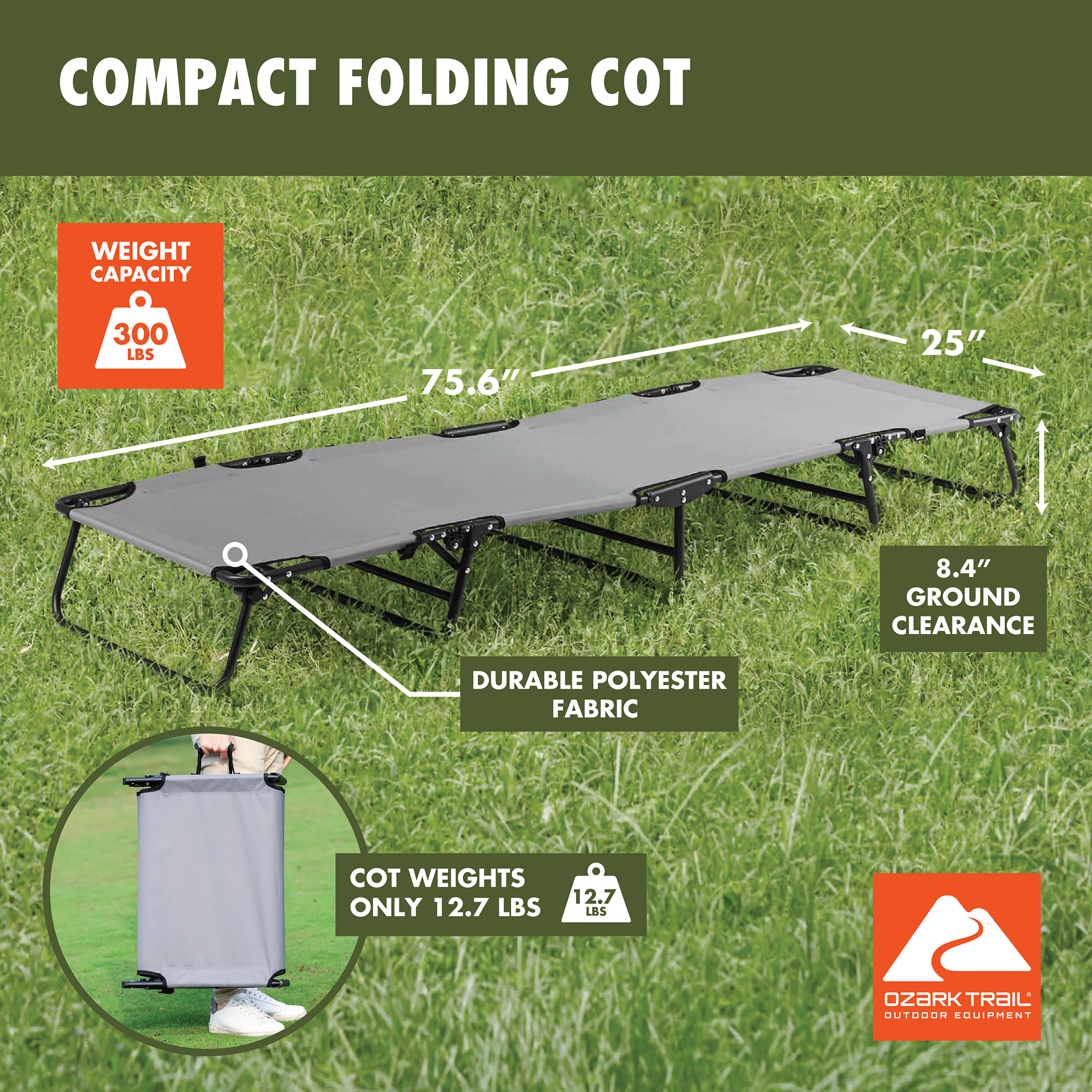Ozark Trail Folding Camping Cot for Adults, Gray photo 3