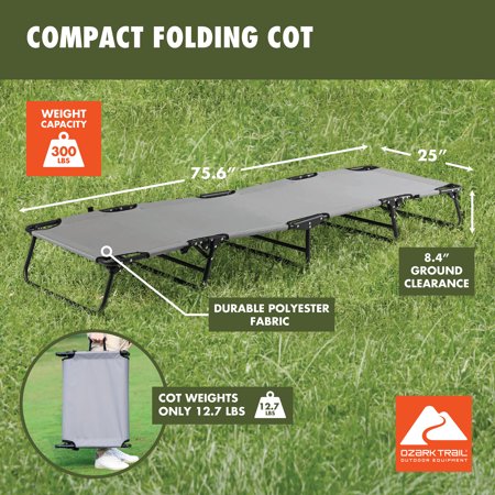 OZARK TRAIL FOLDING CAMPING COT FOR ADULTS, GRAY