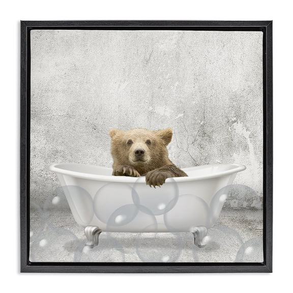 Stupell Industries Rustic Lodge Baby Bear Bath Time Black Floating Frame Canvas Art, 18 x 18, by Kim Allen