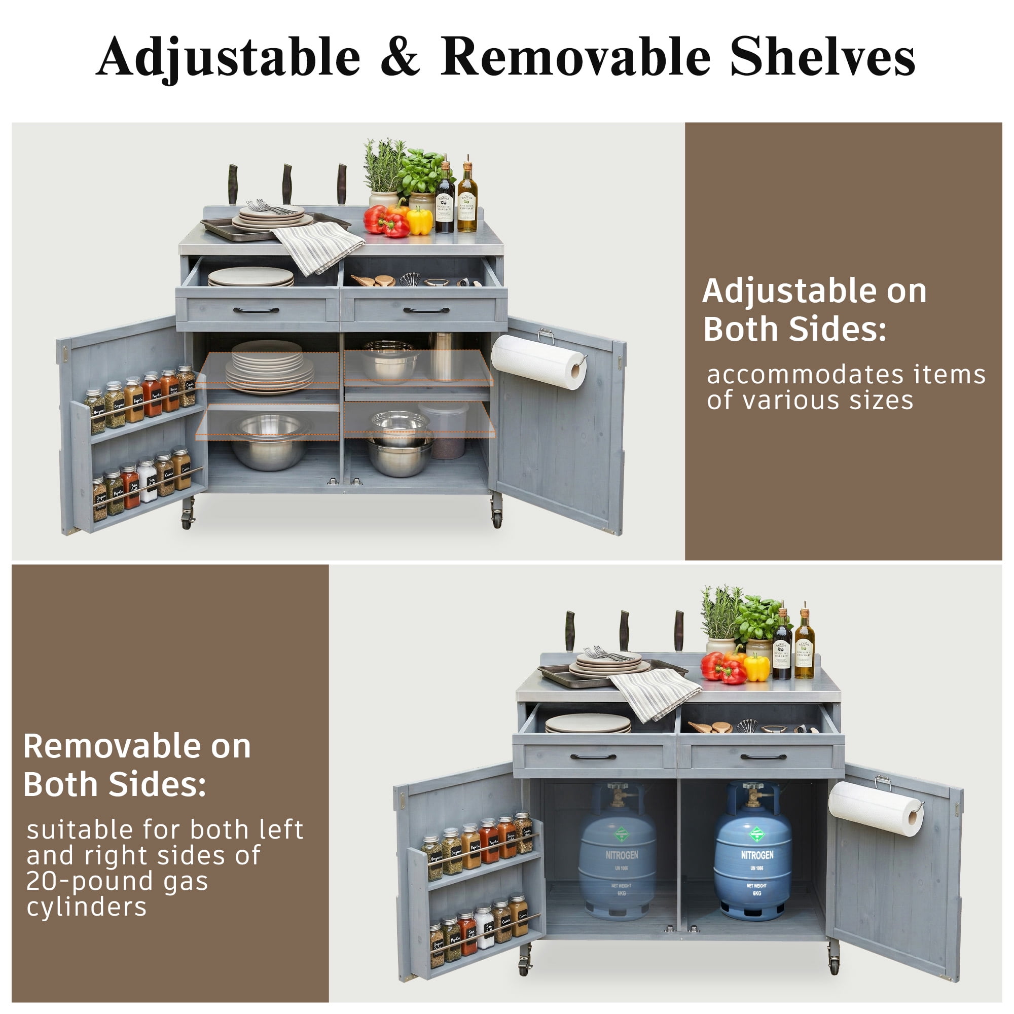 Mintazer 39.4" Outdoor Kitchen Island with Stainless Table Top & Storage Racks, Storage Kitchen Cabinet with Drawer & Adjustable Shelves, Gray
