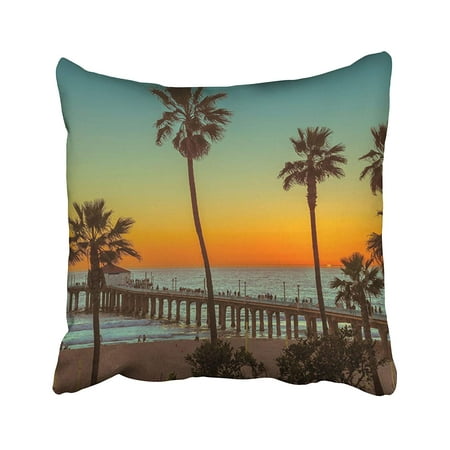 ARTJIA Palm Trees And Pier On Manhattan Beach At Sunset In California Los Angeles Usa Pillowcase Pillow Cushion Cover 16x16