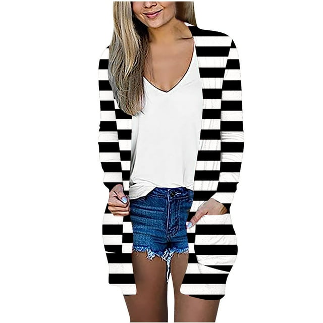 Pompotops Cardigan à Manches Longues à Rayures Imprimées pour Femmes, Manteau/veste Décontracté en Liquidation