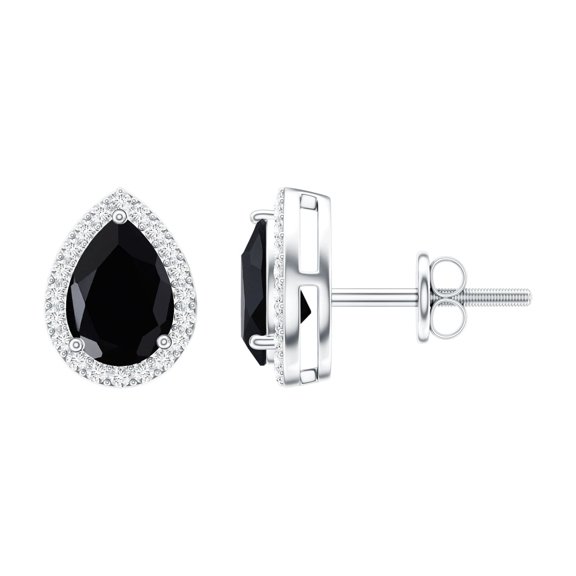 Rosec Jewels Natural Black Onyx Stud Earrings (2 Ct, 6X8 Pear Shape, AAA Quality) - Black Onyx Diamond Earrings - Ready to Gift, 925 Sterling Silver