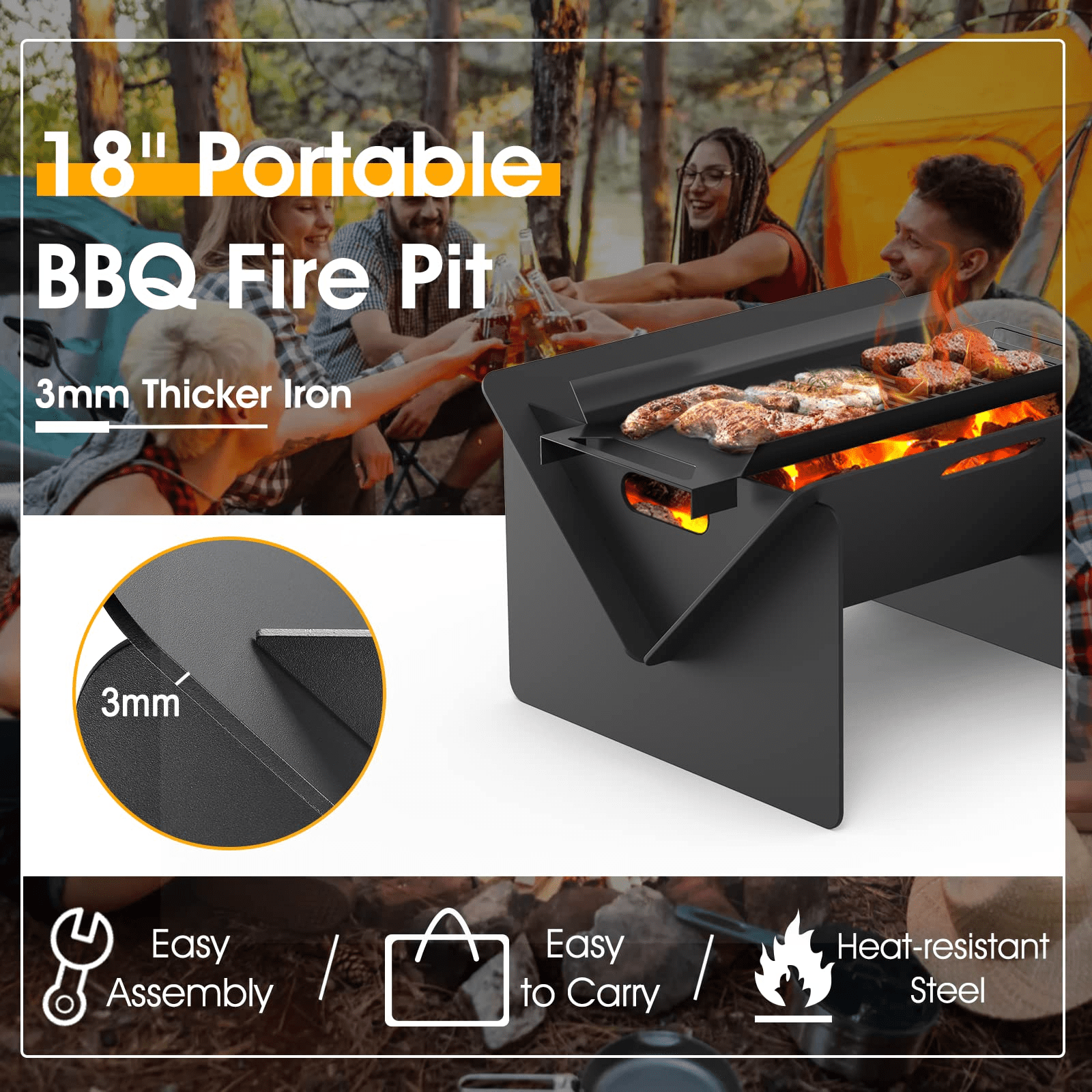 SKOK 18in BBQ Fire Pit for Outside 2 in 1 Portable Camping Fire Pit  with Detachable Tray Wood Burning Charcoal Grill with Carry Bag