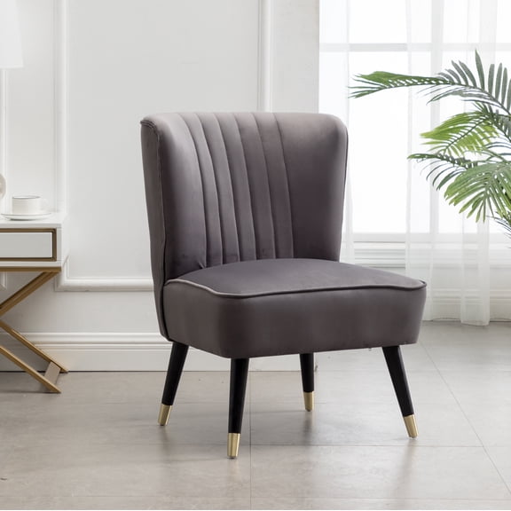 Elongate Velvet Accent Chair with Gold-Tipped Legs for Living Room, Gray, 24W x 26D x 33H