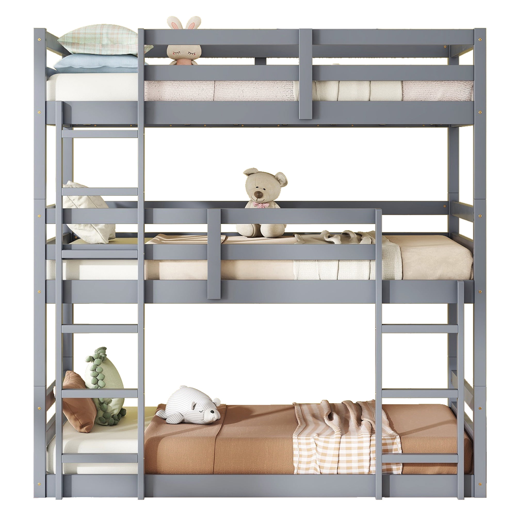 Euroco Wood Twin over Twin over Twin Triple Bunk Bed with Ladder for Kids Teens Bedroom, Gray