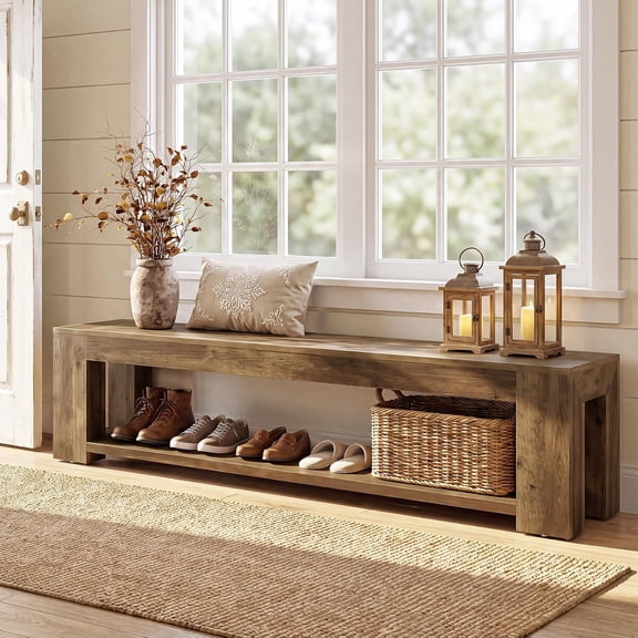 Finmind 70.87'' Long Entryway Bench, 2-Tier Storage Shoe Bench, End of Bed Bench, Hallway, Bedroom, Brown
