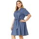 thumbnail image 4 of Women's Plus Size Dress Wrap Belted Turndown Collar Chambray Dress Blue 4X, 4 of 7