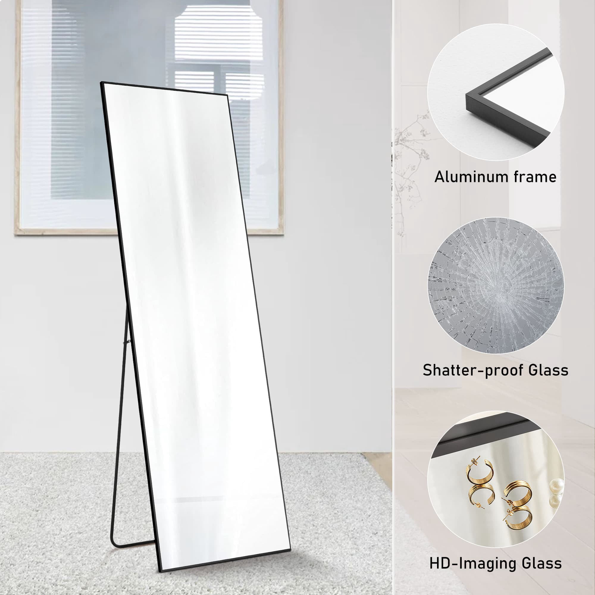 MAYEERTY 64in Full Length Mirror Rectangle Mirror Full Body Mirror with Bracket, Aluminum Alloy, Black
