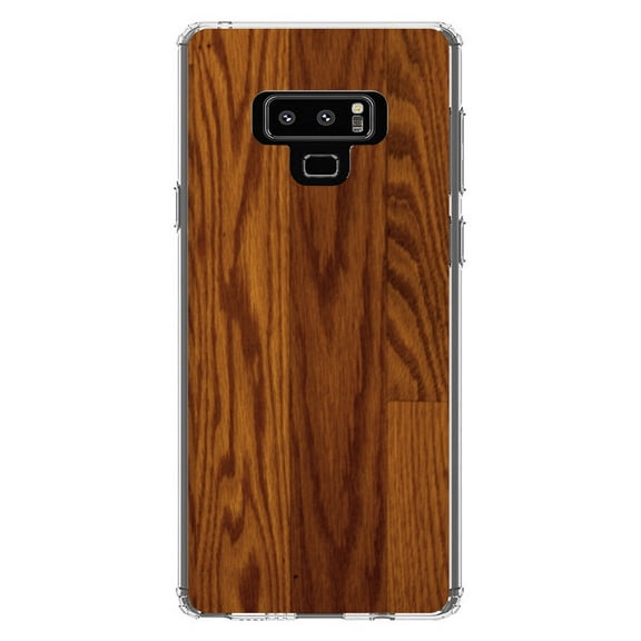 DistinctInk Clear Shockproof Hybrid Case for Samsung Galaxy Note 9 - TPU Bumper, Acrylic Back, Tempered Glass Screen Protector - Dark Wood Floor Print - Printed Wood Grain Image