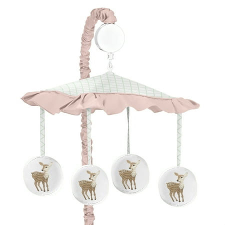 UPC: 0846480065906 | Blush Pink Mint Green and White Boho Musical Baby Crib Mobile for Woodland Deer Floral Collection by Sweet Jojo Designs