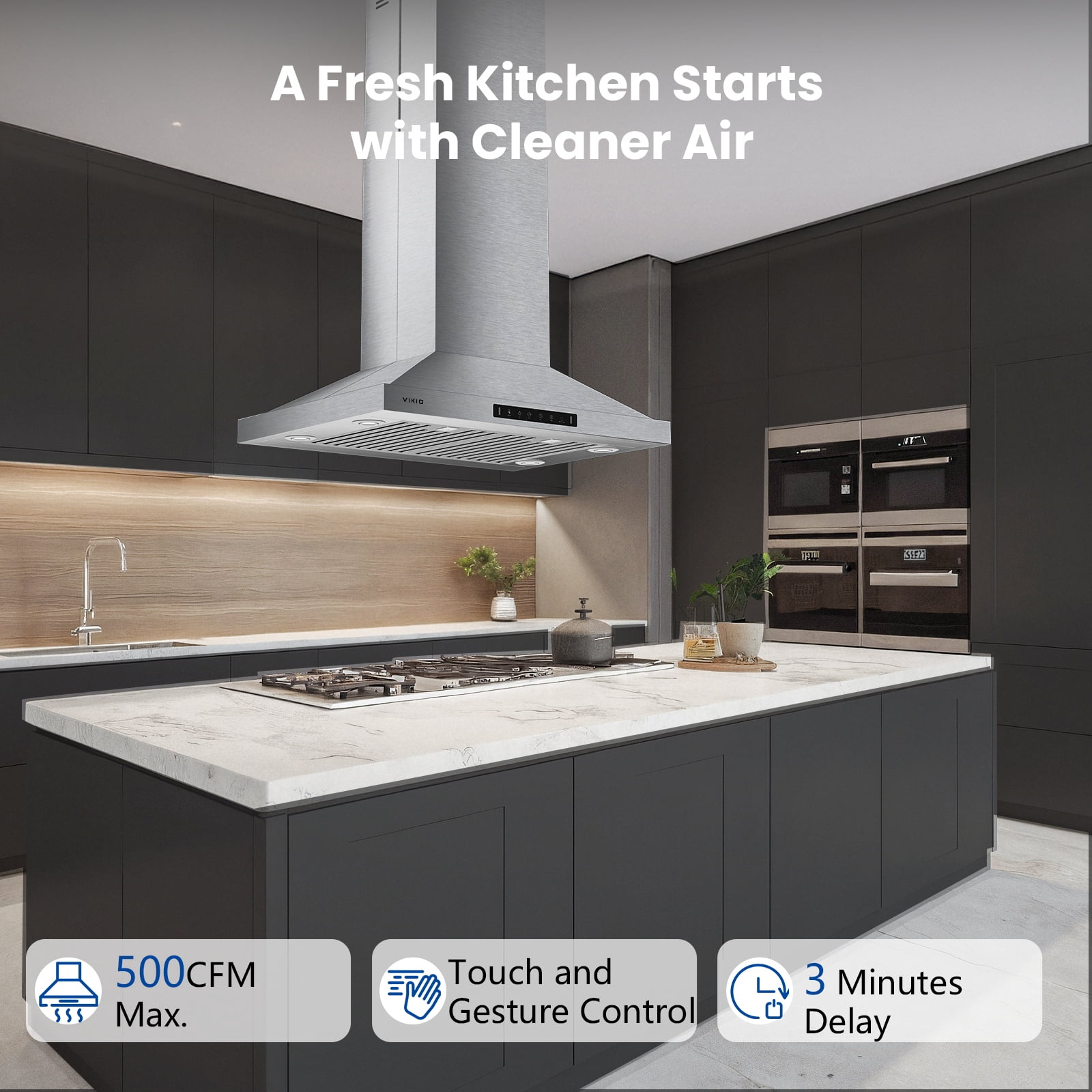 VIKIO 30 inch Island Range Hood , 450 CFM with Touch/Gesture, Convertible Ducted/Ductless, 3-Speed Fan, 2 Stainless Steel Baffle Filters
