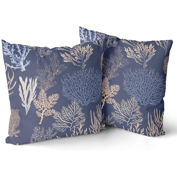 Nautical Coastal Throw Pillow Covers Set of 2 Ocean Themed Beach Coral Couch Pillow Cases Outdoor Sofa Cushion Cover Modern Sea Plants Decor for Bed Living Room, 18" x 18"