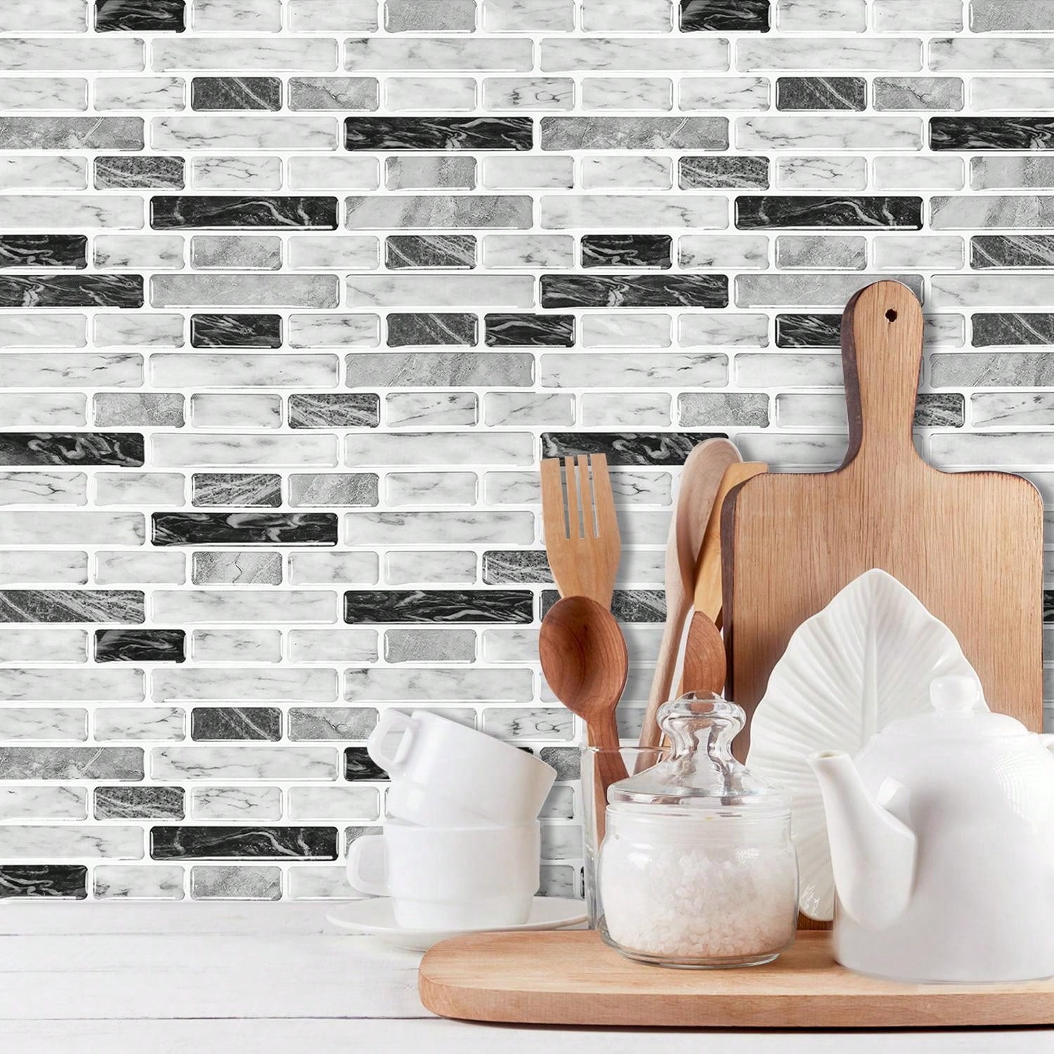 Peel and Stick Backsplash Vinyl Tiles in Grey Marble Bathroom Waterproof Self-Adhesive Mosaic Wall Decoration ( set of 10)