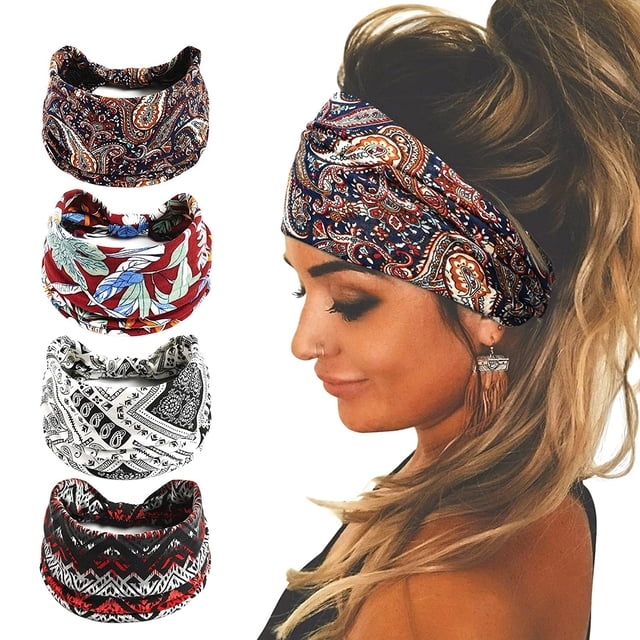 4 Uds. Diademas anchas bohemias para mujer, diadema elástica antideslizante, diademas de tela a la moda, accesorios para el cabello