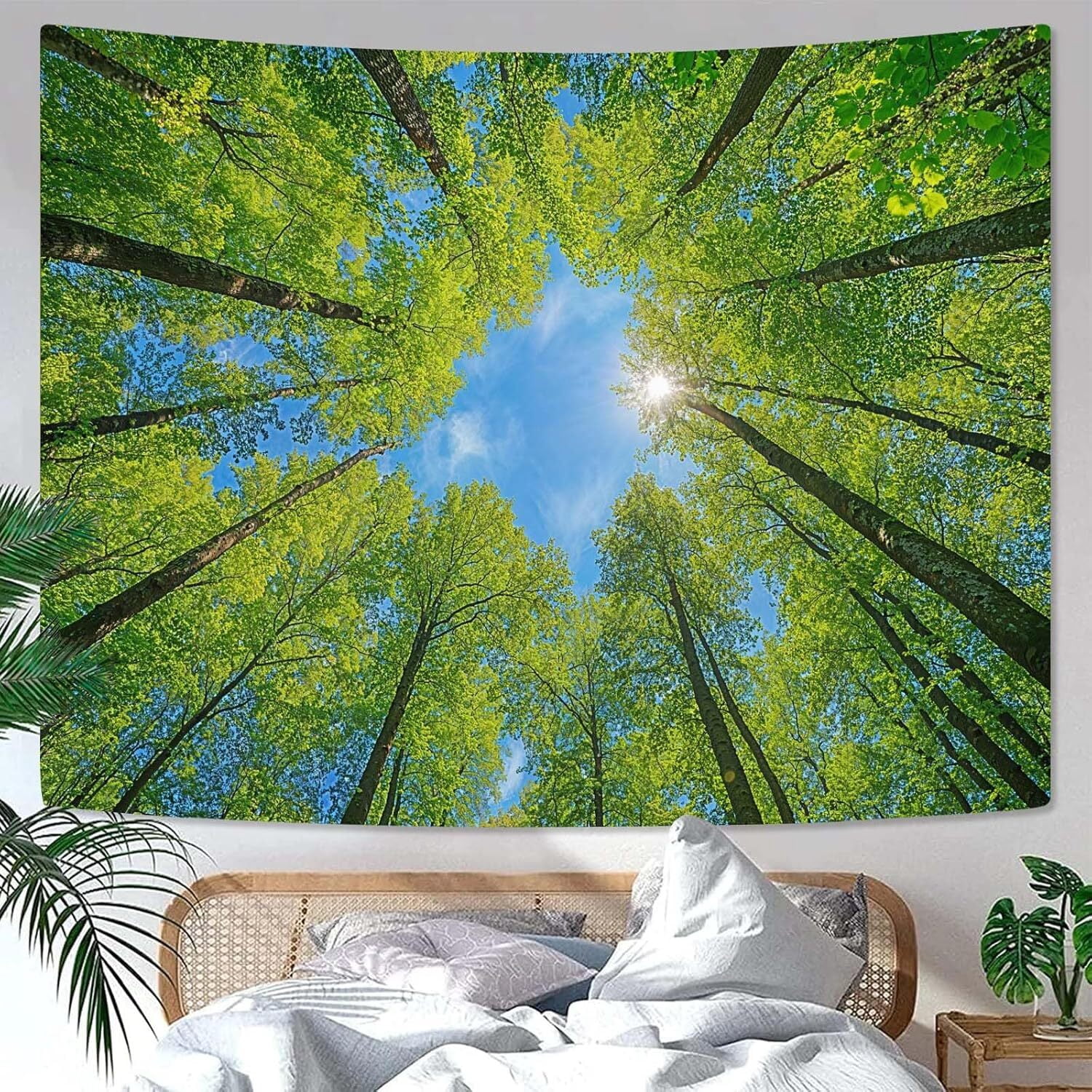 Nature Forest Tree Celling Tapestry Lush Green Treetops Sunlit Tapestry for Bedroom Aesthetic Sky Sunlight Canopy Leaves Landscape Tapestries Wall Hanging for Living Room Dorm Office 90 x 60 Inch