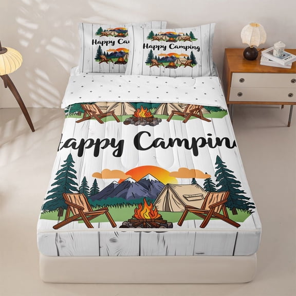 Homewish Happy Camping Zipper Twin Comforter Sets with Fitted Sheet and 2 Pillowcases For Camper Lover,Old Bran Door Zipper Bedding Set For Kids,Reversible,4-Piece