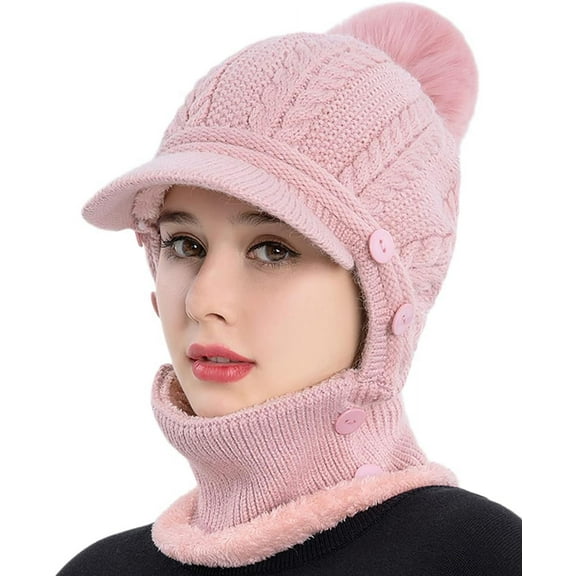Women One Piece Slouchy Fleece Beanie Hats Scarf Mask Warm Winter Knitted Hat Thick Skull Ski Cap