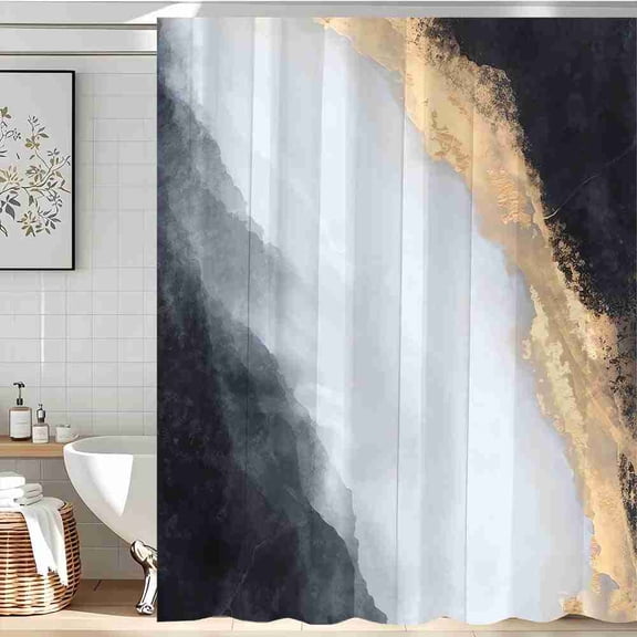 70x70 inch Abstract Black White and Gold Fluid Art Shower Curtain, Waterproof Polyester Fabric with Hooks for Bathroom Decor