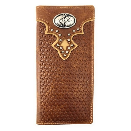 Rodeo Wallet - Western Genuine Leather Basketweave Rodeo Metal Concho Mens Long Bifold Wallet