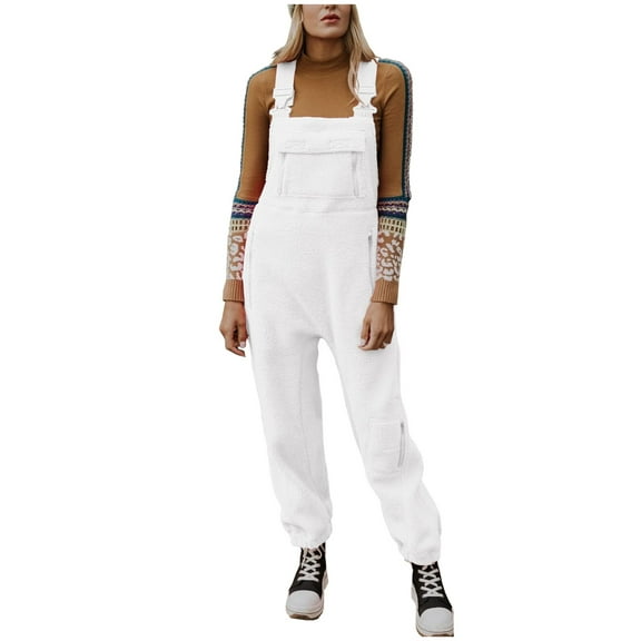 Winter Women's Loose Casual Fleece Warm Overalls Jumpsuits with Pockets