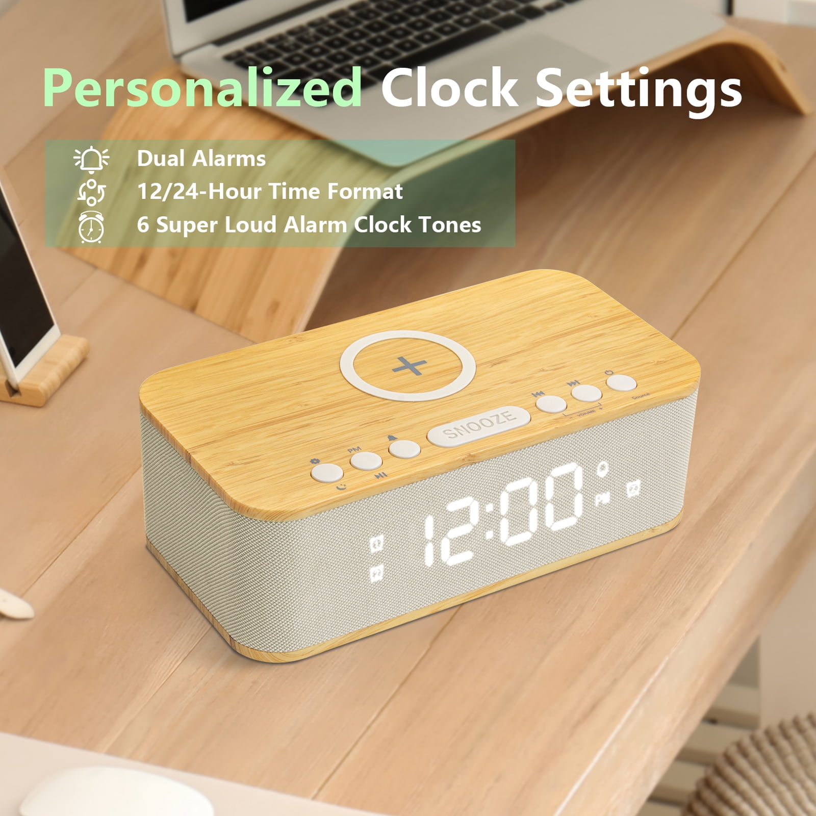 Fansbe Vibrating Digital Alarm Clock Bluetooth Speaker, Wireless Charging Alarm Clock Snooze, Wood