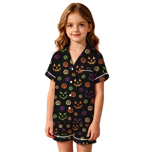 Baby Girl Pajamas 2 Piece Halloween Cartoon Print Short Sleeve Button Lapel Shirt And Shorts Homewear Pjs for Girls Size 2-3 Years