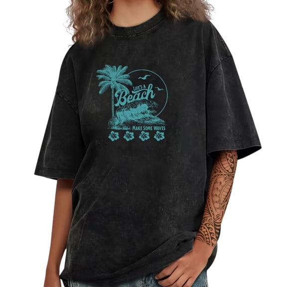 UNISHE Women's Washed Retro Life's A Beach Graphic Short Sleeve T-Shirt Tropical Palm Tree Hibiscus Beach Tees
