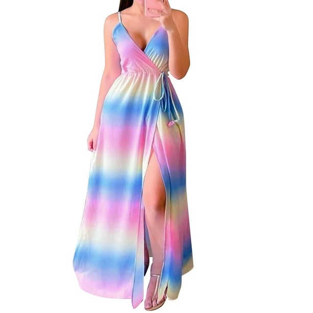 VISgogo, vestido de gasa con tirantes finos para mujer, vestido de fiesta con abertura sin mangas informal de verano degradado Multicolor VISgogo moda