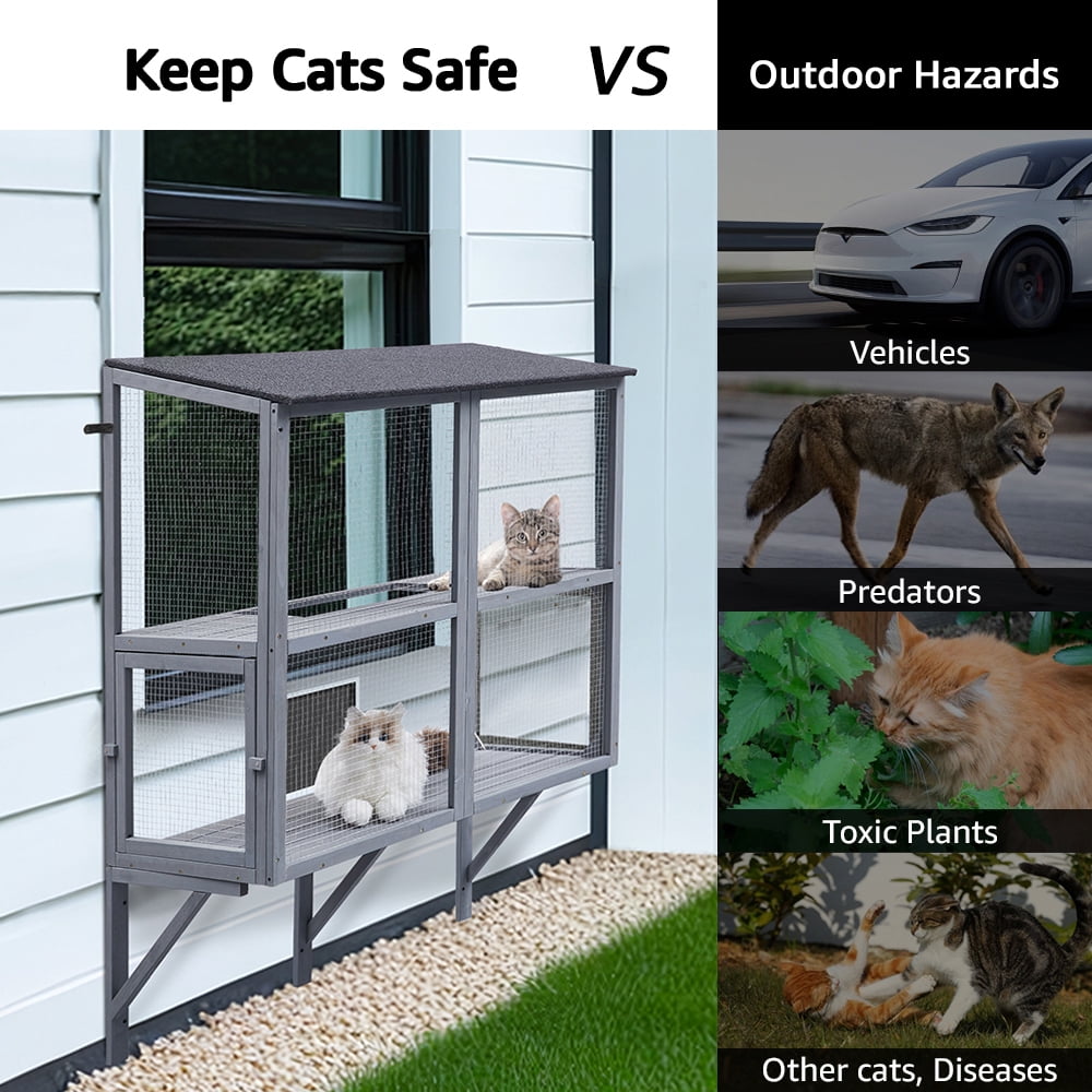 Unipaws 2-Tier Grey Window Box Catio, Wooden Outdoor Enclosure for Indoor Cats, Expandable Weatherproof Perch House