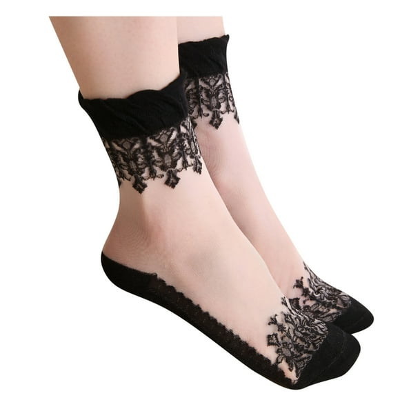 Breathable Lace Long Socks, Women Fashion Casual Hosiery, Elegant Daily Lace Socks, Skin Friendly Slim Fit Foot Wear For Dress Matching Daily Leisure Outing Trendy Elegant Foot Accessory,Black