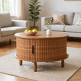 thumbnail image 6 of HAIMOO Round Farmhouse Coffee Table with Storage, Wood Sofa Table for Home Living Room Office with Hidden Compartment and Sliding Cabinet Door, Brown, 6 of 17