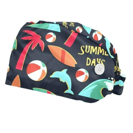 

2PCS Working Cap with Buttons and Sweatband Adjustable Tie Back Hats Bouffant Caps Summer Day Scrub Turban Hat