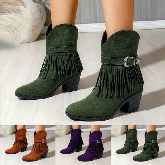 Pandaie Western Fringe Cowboy Ankle Boots for Womens Suede Tassel Chunky Heel Cowgirl Fashion Booties with Buckle Straps Size 5.5-10.5