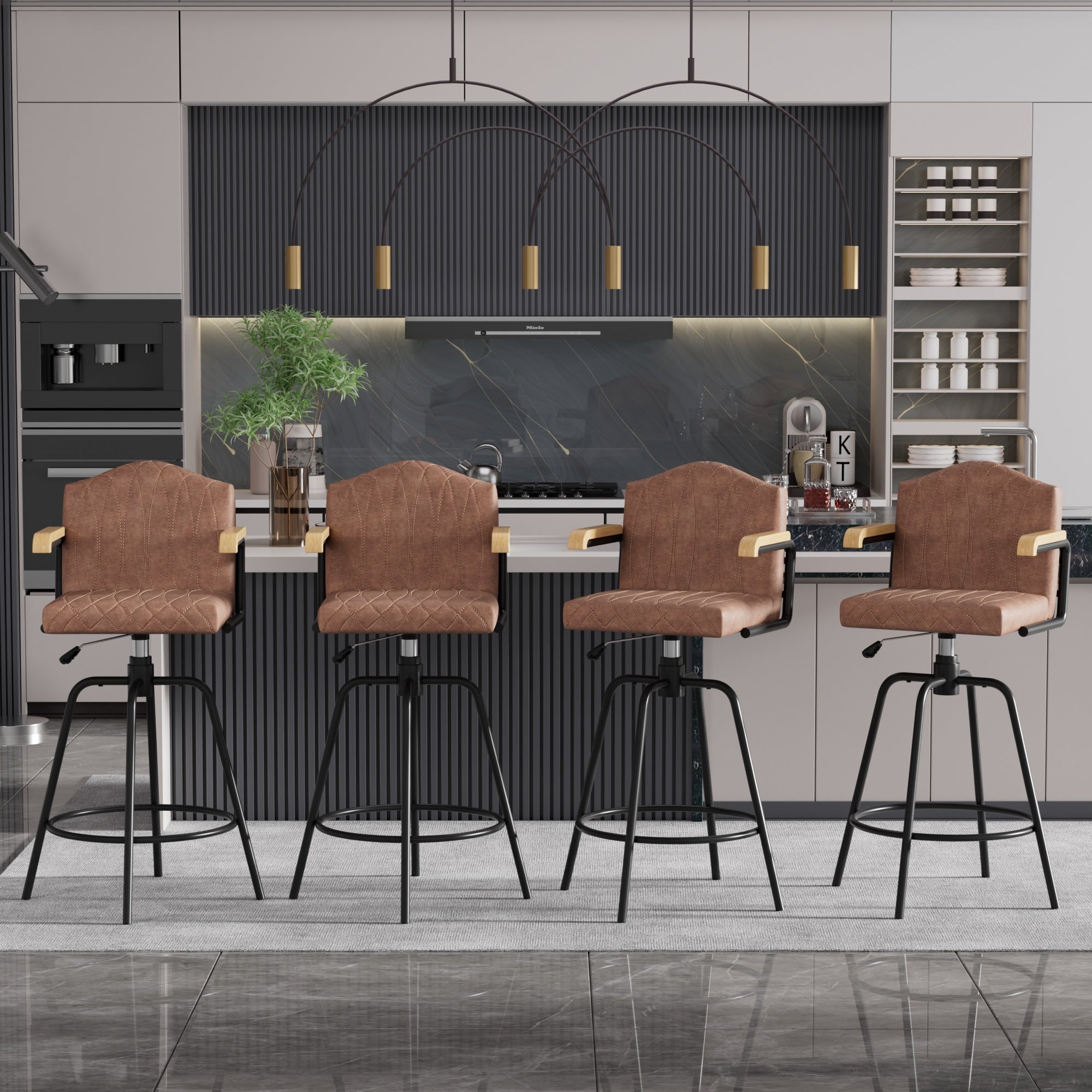 VECELO Swivel Bar Stools Set of 2 with Back and Armrest, Counter Height, Velvet Upholstered Bar Chairs for Kitchen Island & Home, Brown