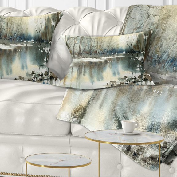Designart River in Winter - Landscape Painting Throw Pillow - 12x20