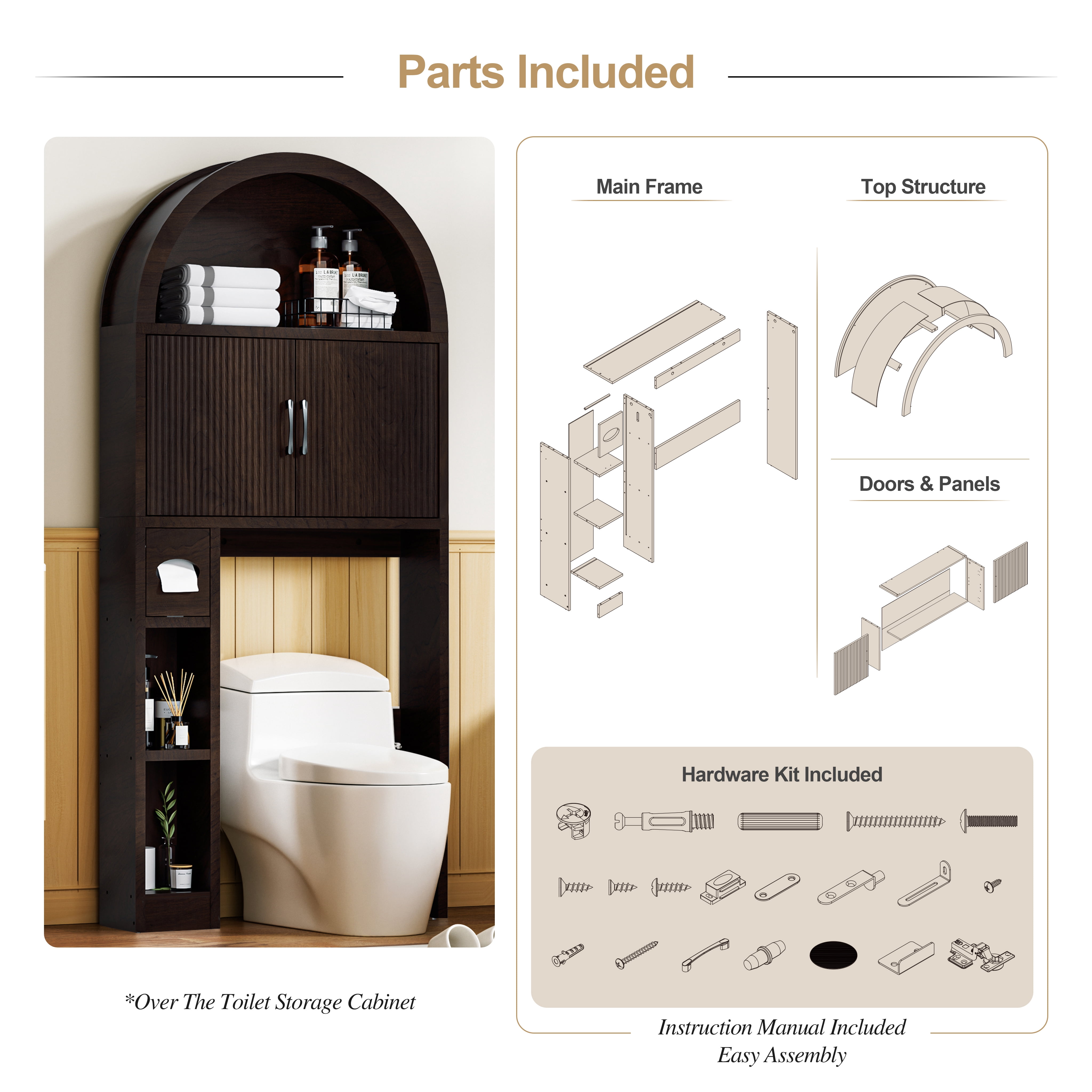 AHB Over Toilet Storage Cabinet with Arc Design, Freestanding Bathroom Organizer with Doors, 7.7"D x 30.5"W x 67.7"H, Coffee Color