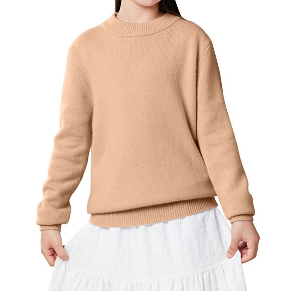 XIMIN Teen Knit Sweaters Girls Thickened Solid Color Wool Knitted Bottoming Sweater Loose Long Sleeve Jumpers Casual Soft Cotton Crew Neck Pullover Winter Warm Sweater
