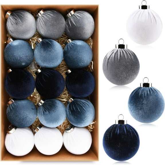 Christmas Tree Ornaments Velvet Balls - Pack of 15pcs Shatterproof Xmas Bulbs Decorations Set
