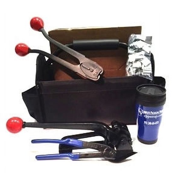 3/4" Portable Steel Strapping Kit for Flat Packages - Contains 300' of Steel Strapping, 100 Open Seals, tensioner, Sealer & Cutter in a Handy Lightweight Tote. We Even Include a Coffee Cup!