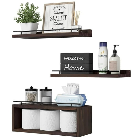 Repisas Flotantes de Pared, Set de 3 Repisa Flotante con Cesta de Almacenamiento, Repisas para Baño Resistente y Fácil de Montar, Estantes para Baño de Estilo Retro para Recamara, Sala, Cocina