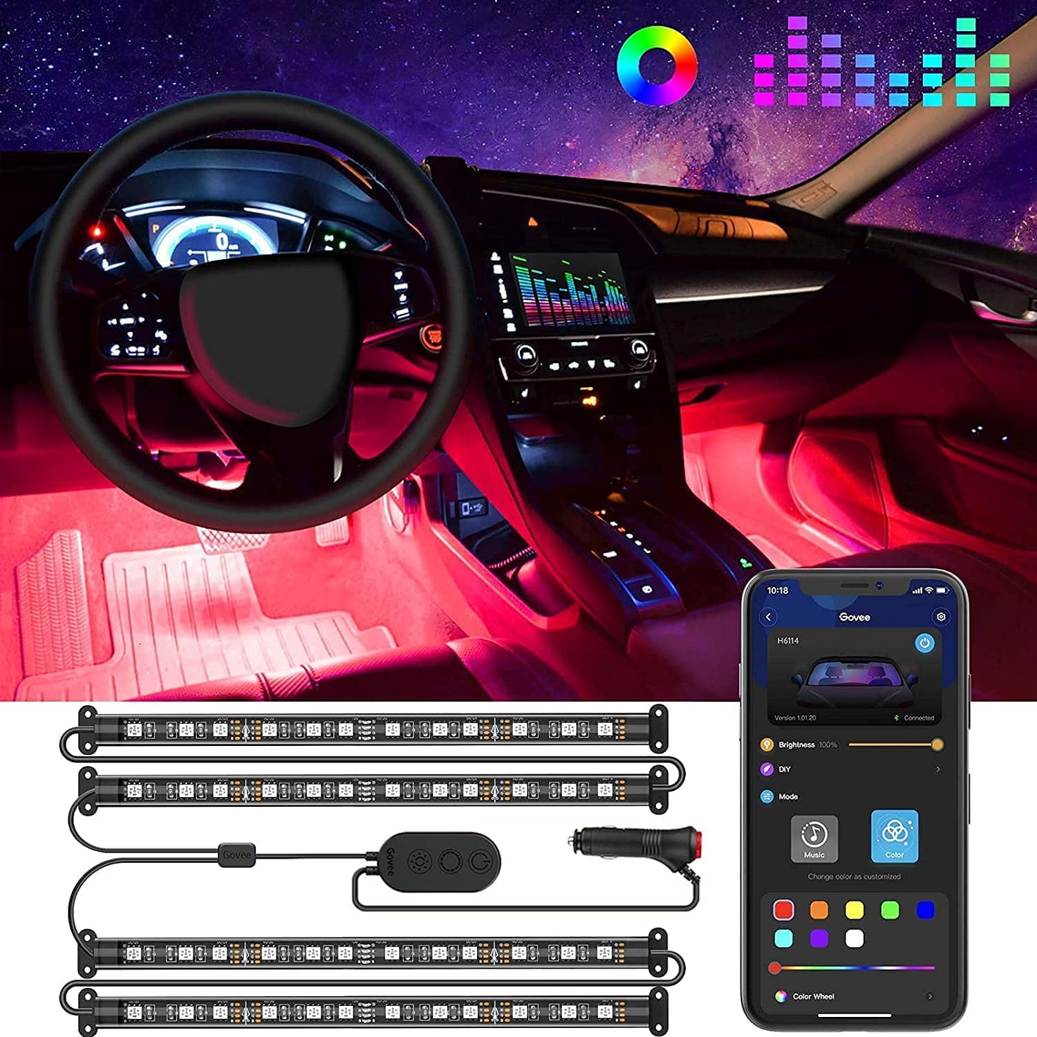 LSENLTY Interior Lights for Car Waterproof LED Interior Lights with 2 Lines Design App Control Smart Car Lights with DIY Mode and Music Mode RGB Under Dash Car LED Lights with Car Charger DC 12V 