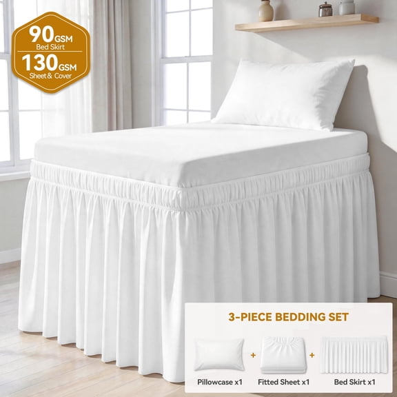 Twin XL Bedding Set 3PCS - 32" Drop Bed Skirt & Fitted Sheet with Pillowcases, PolyCotton for Dorm (White)