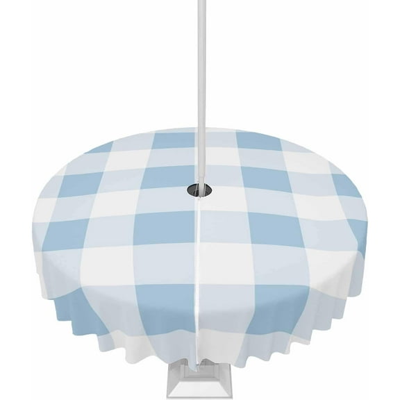 Outdoor Tablecloth with Umbrella Hole and Zipper Blue Plaid Round Outdoor Tablecloths 60 Inch Table Cloths Spring Buffalo Stripe Patio Table Cloth Cover for Outdoor Tables Picnic Garden