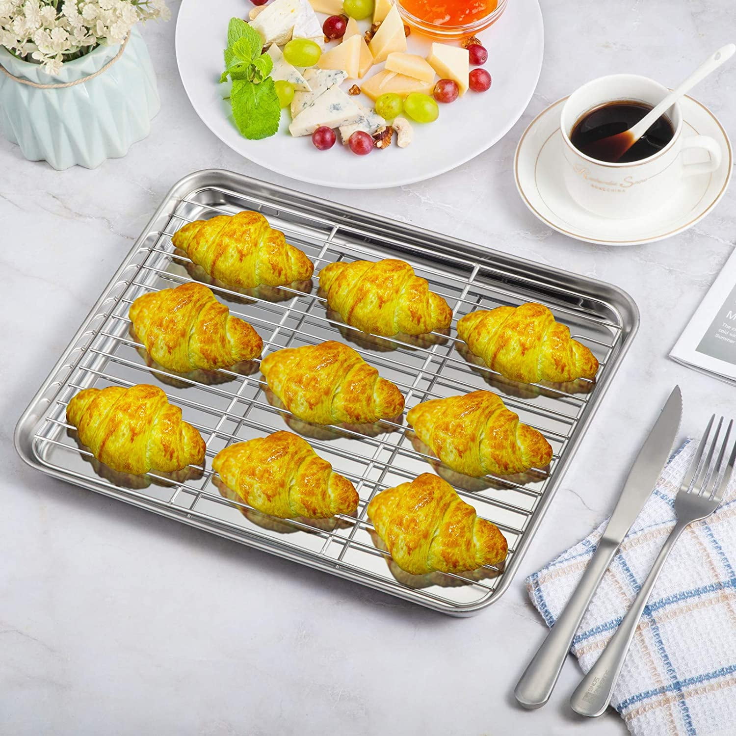 Baking Sheet with Rack Set (1 Sheet + 1 Rack), Cookie Sheets for Baking Use, Stainless Steel Baking Pans with Cooling Racks, Non-toxic, Easy Clean, Dishwasher Safe Suitable for Christmas(12.5-Inch)