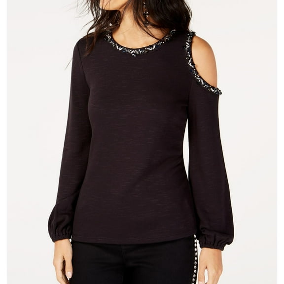 I-N-C Womens Embellished One Shoulder Blouse, Black, Small