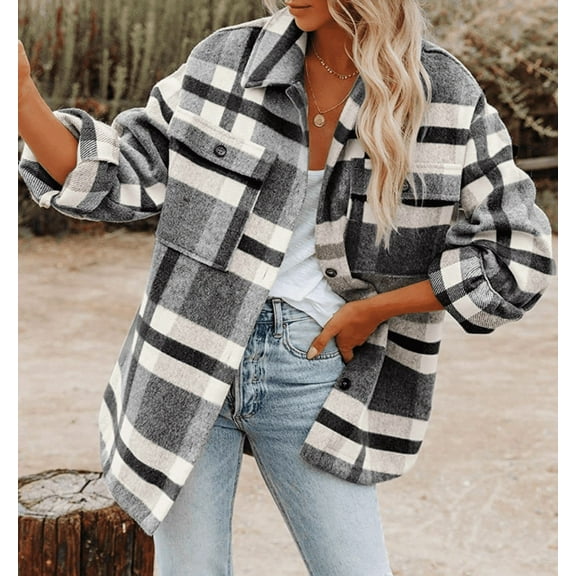 Women's Casual Flannel Plaid Shacket Button Down Long Sleeve Shirt Jacket Coats with Pockets