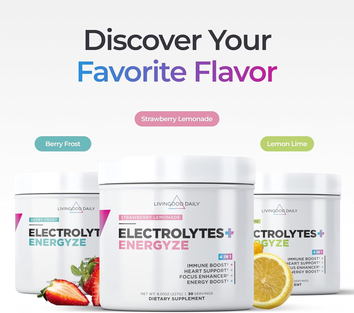 Livingood Daily Electrolytes Powder Strawberry Lemonade, 30 Servings - 4in1 Hydration Powder Sugar Free Electrolyte Drink Mix