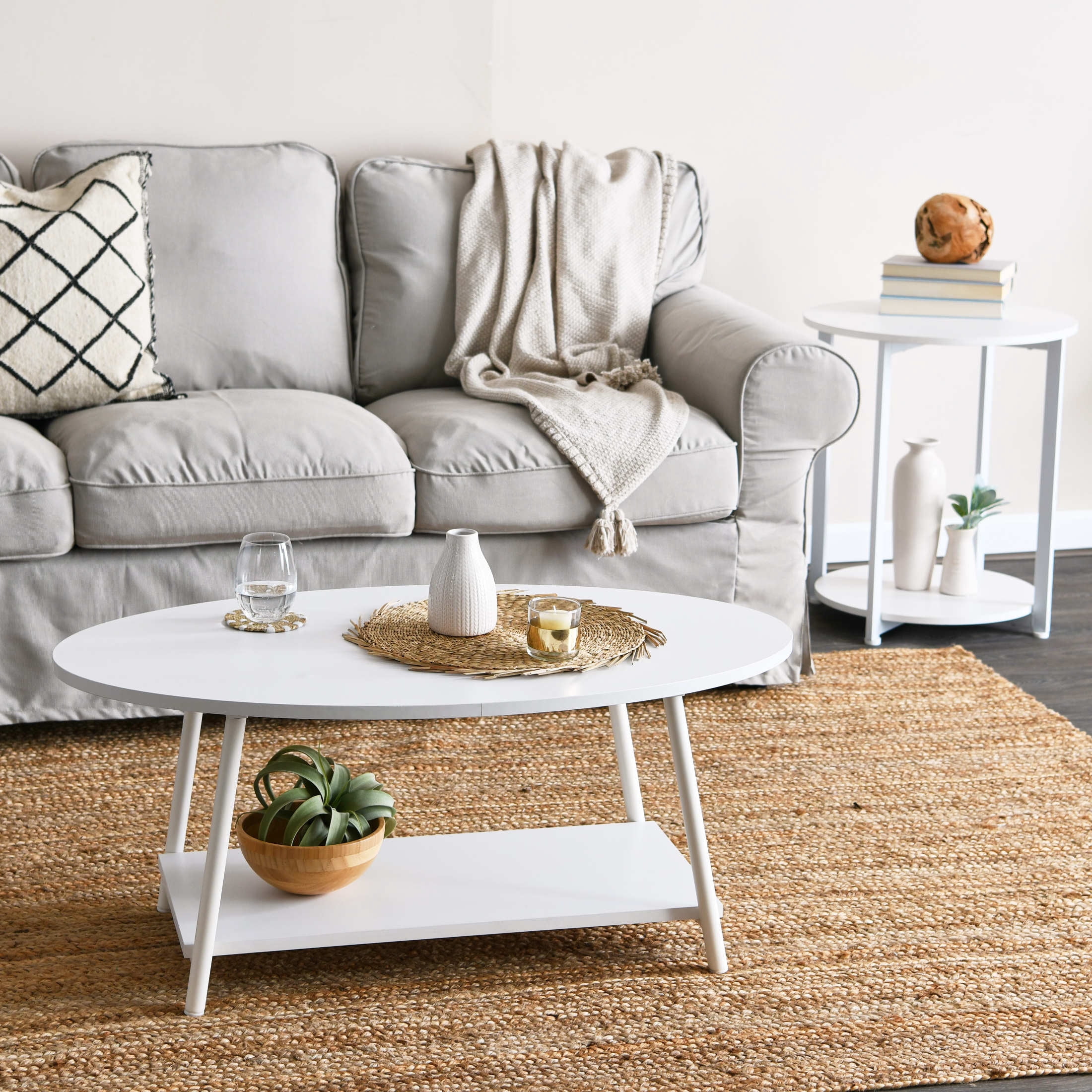 Household Essentials Oval Coffee Table with Lower Storage Shelf, Scandanavian White