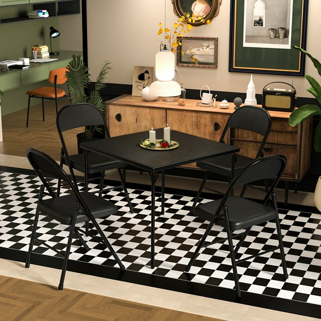 VECELO Ensemble de Table et Chaises de Cartes 5 Pcs, Table Carrée 33,8 Pouces et 4 Chaises à Siège Rembourré, Noir